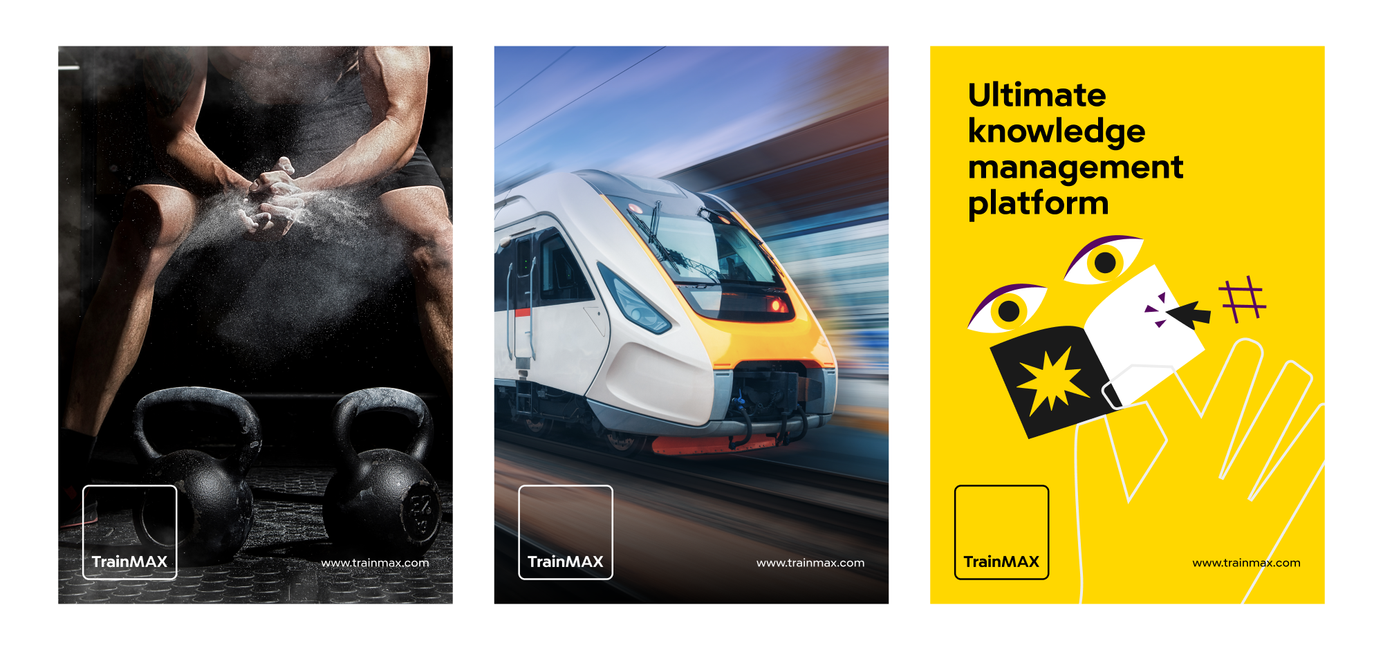 TrainMAX – brandingový koncept prezentujúci značku v troch rôznych vizuálnych kontextoch: športová sila, rýchlosť dopravy a digitálne inovácie